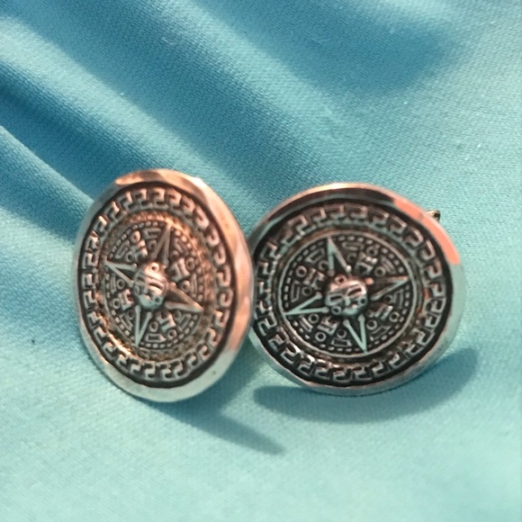Boutons De Manchette Vintage Mexique - Argent Sterling Plamex - Motif Calendrier Aztèque - Occasion